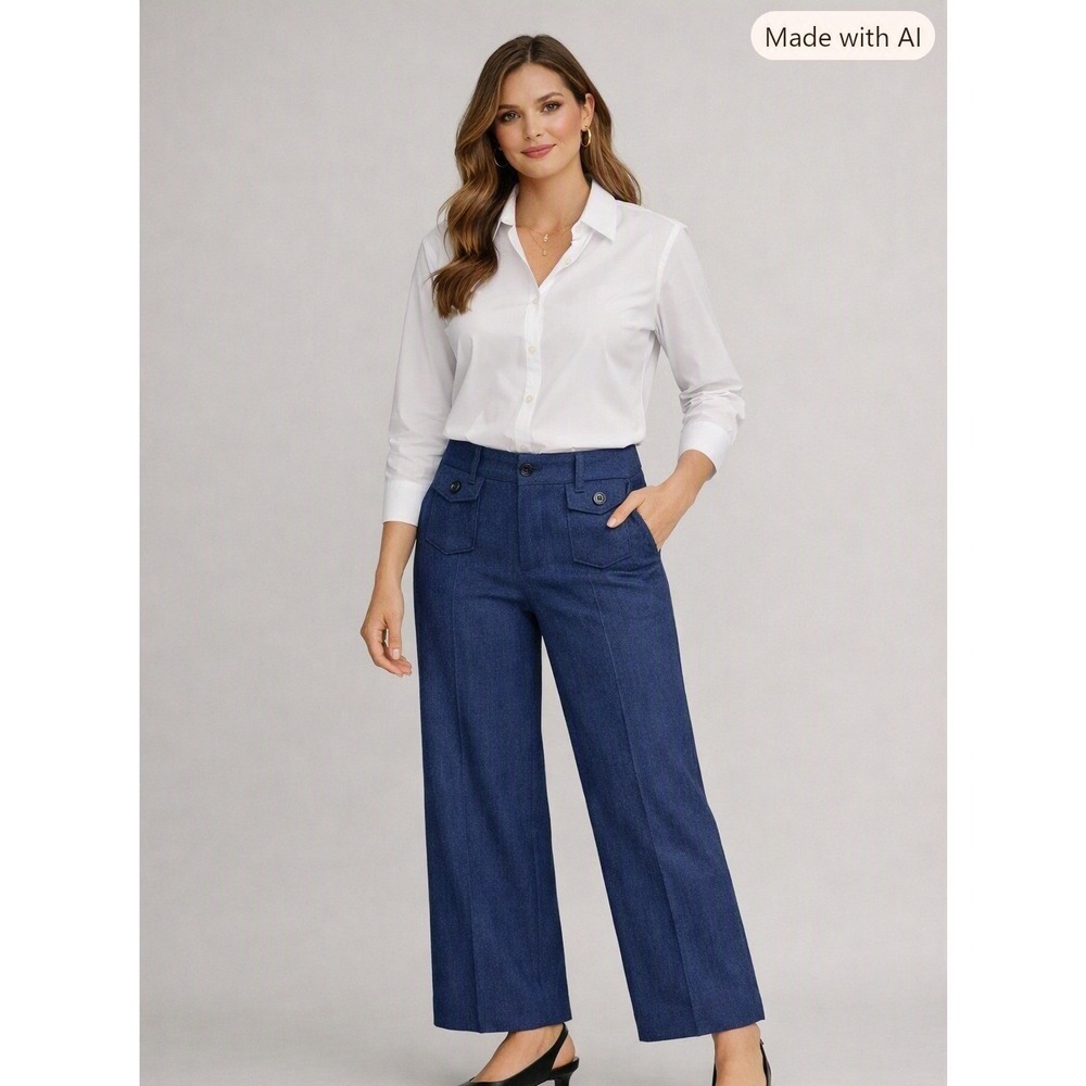 Flamingals Wide Leg Dress Pants Womens Medium Blue Career Stretch Sailor Pocket